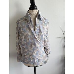 Silk Blouse Size 16 i•CE Top Wrap Front Long Sleeve Collared Multicolor Dots‎